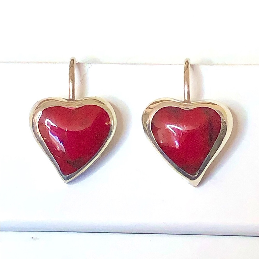 TAXCO Sterling Silver Red Jasper Heart Cabochon Drop Dangle Earrings
